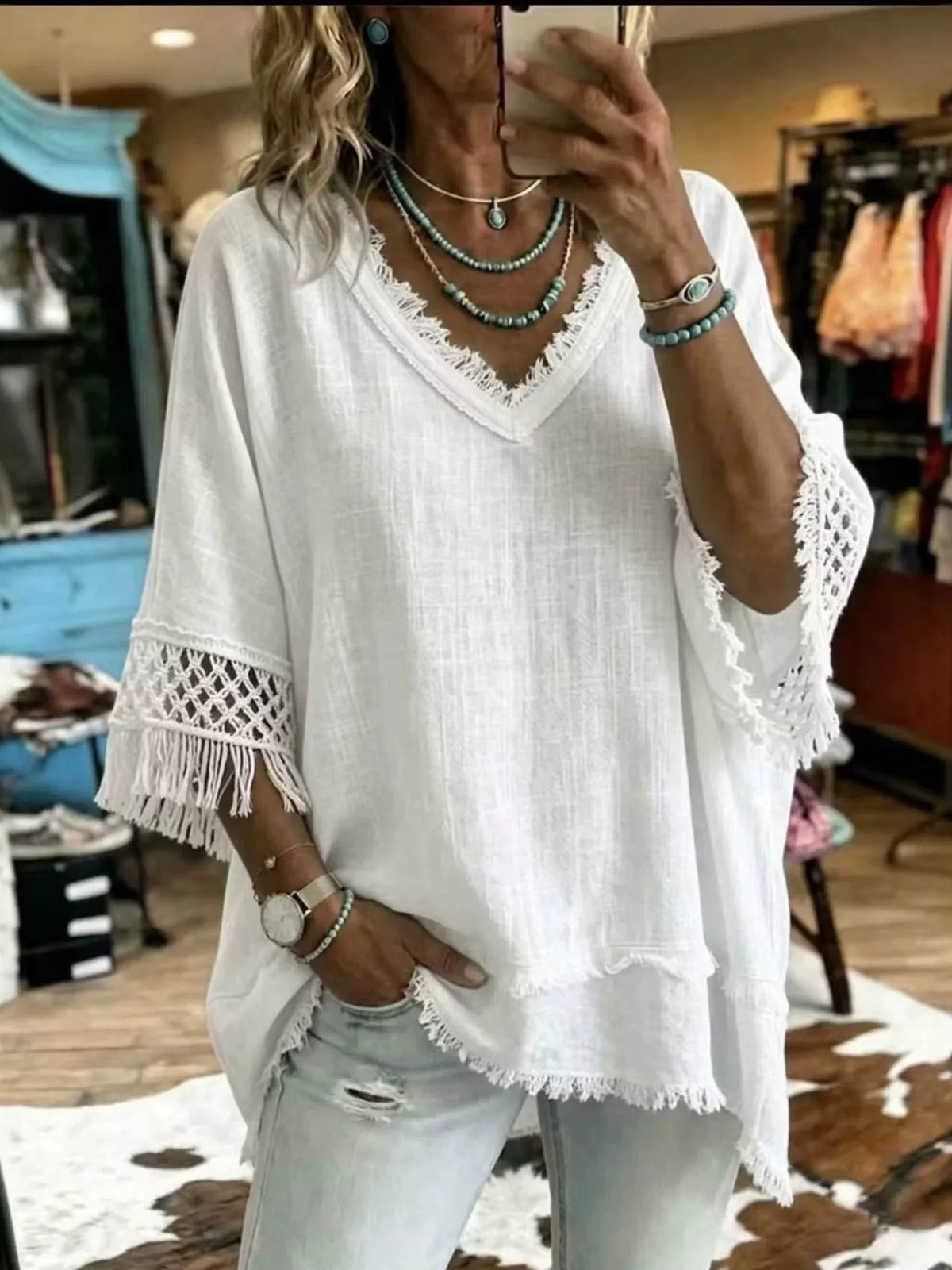 Full Size Fringe Trim V-Neck Loose Fit Blouse Plus Size