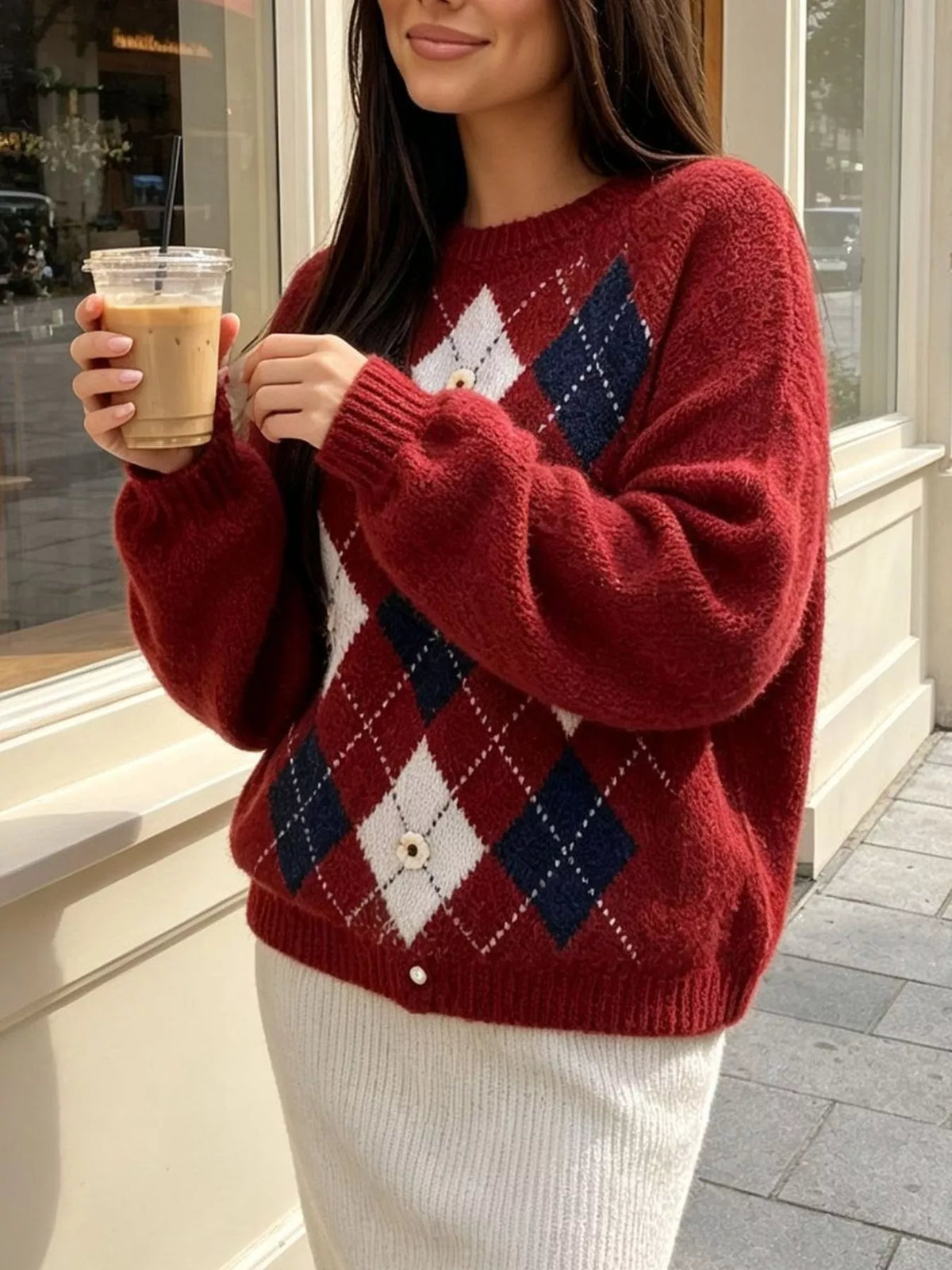 Argyle Pattern Raglan Sleeve Sweater, view 18