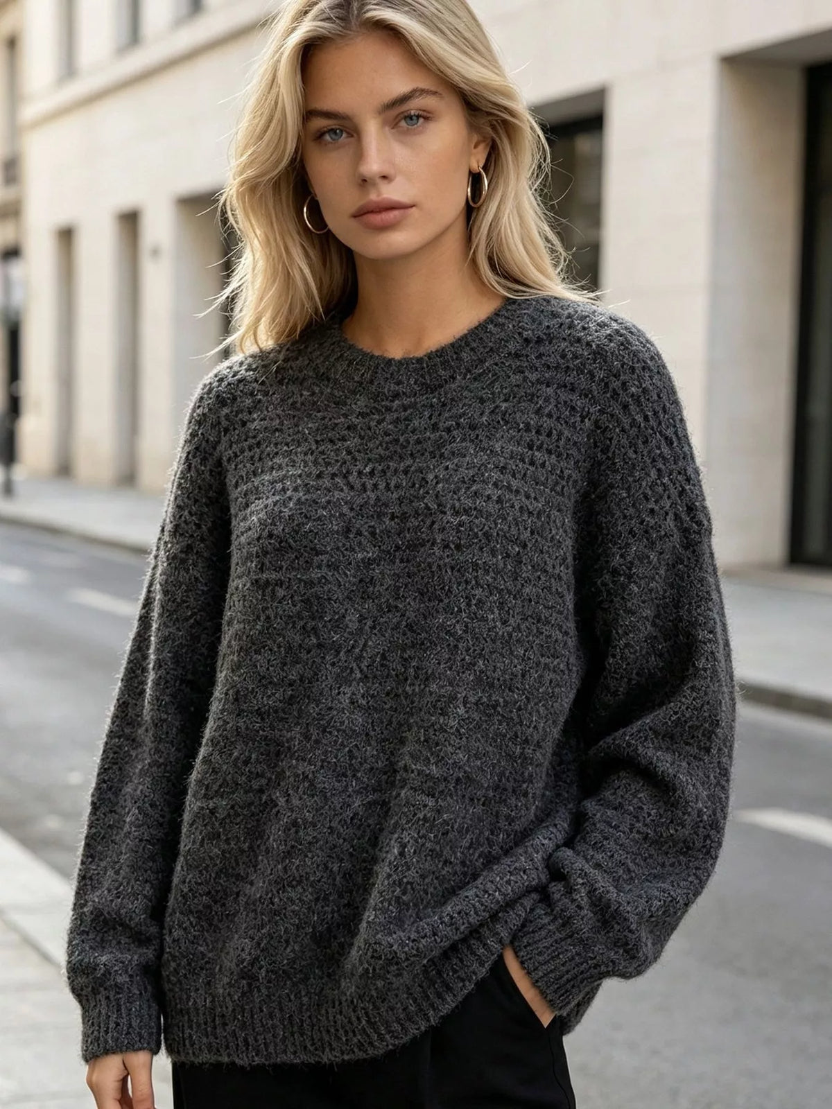 Round Neck Drop Shoulder Sweater in Dark Gray