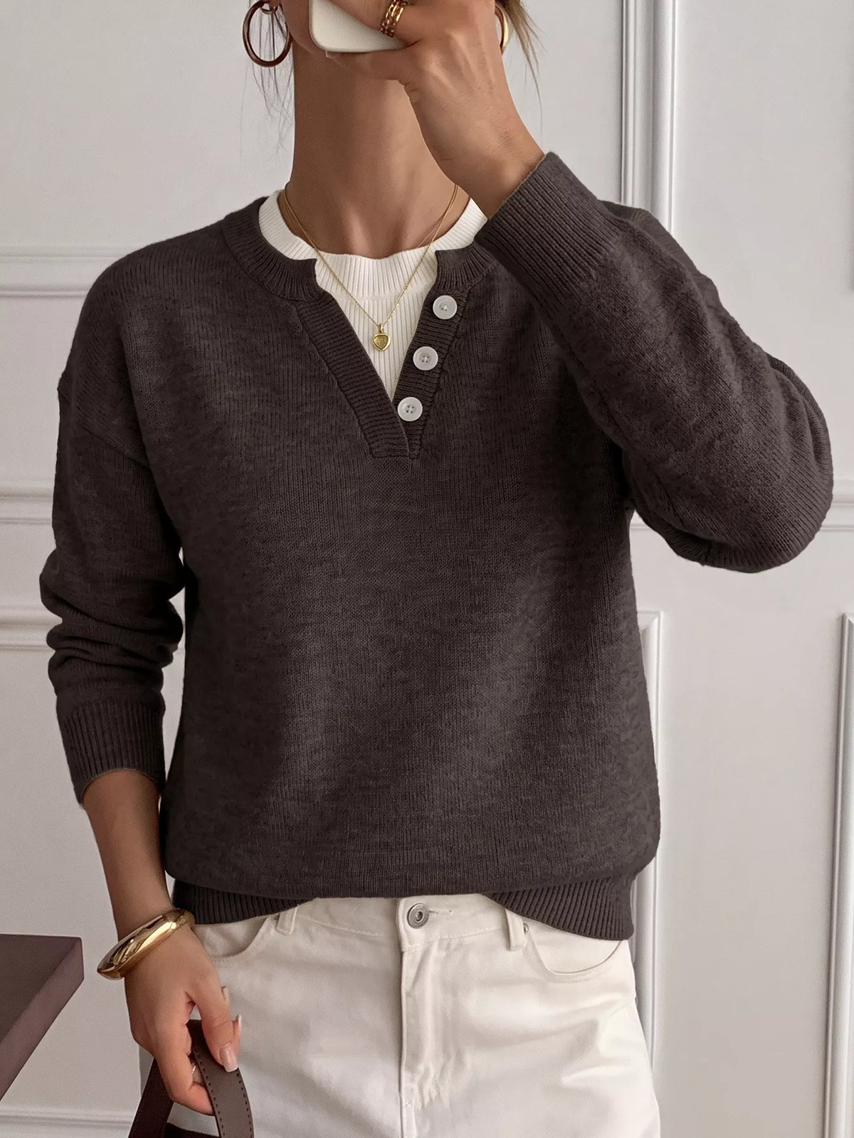 Decor Button-Placket Ribbed Knit Sweater