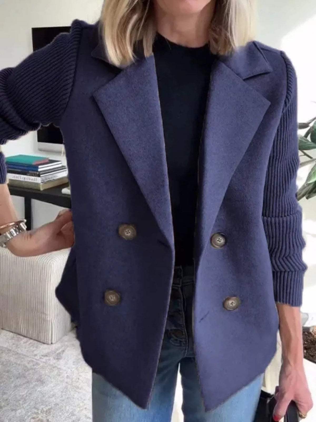 Full Size Knitted Sleeve Wool Blend Double-Breasted Blazer Plus Size - Lilixa.store