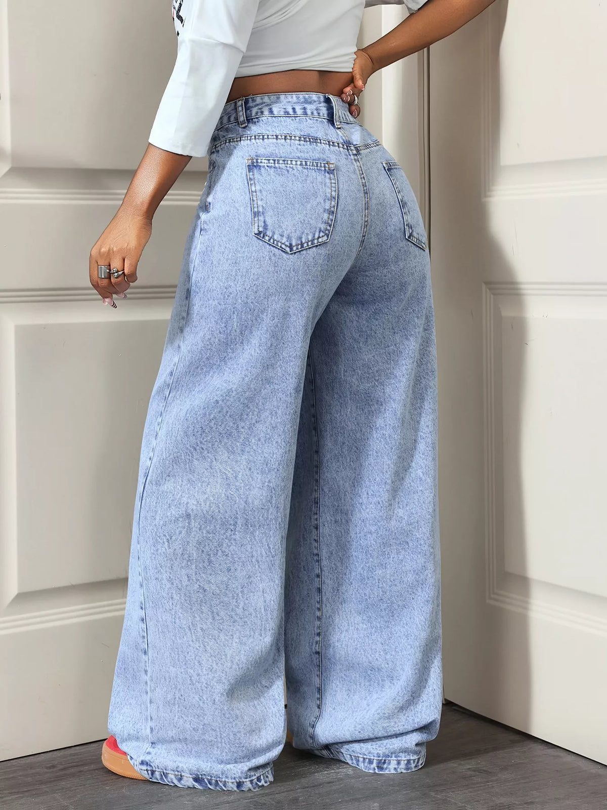High-Waisted Asymmetric Wrap Wide-Leg Jeans - Lilixa.store