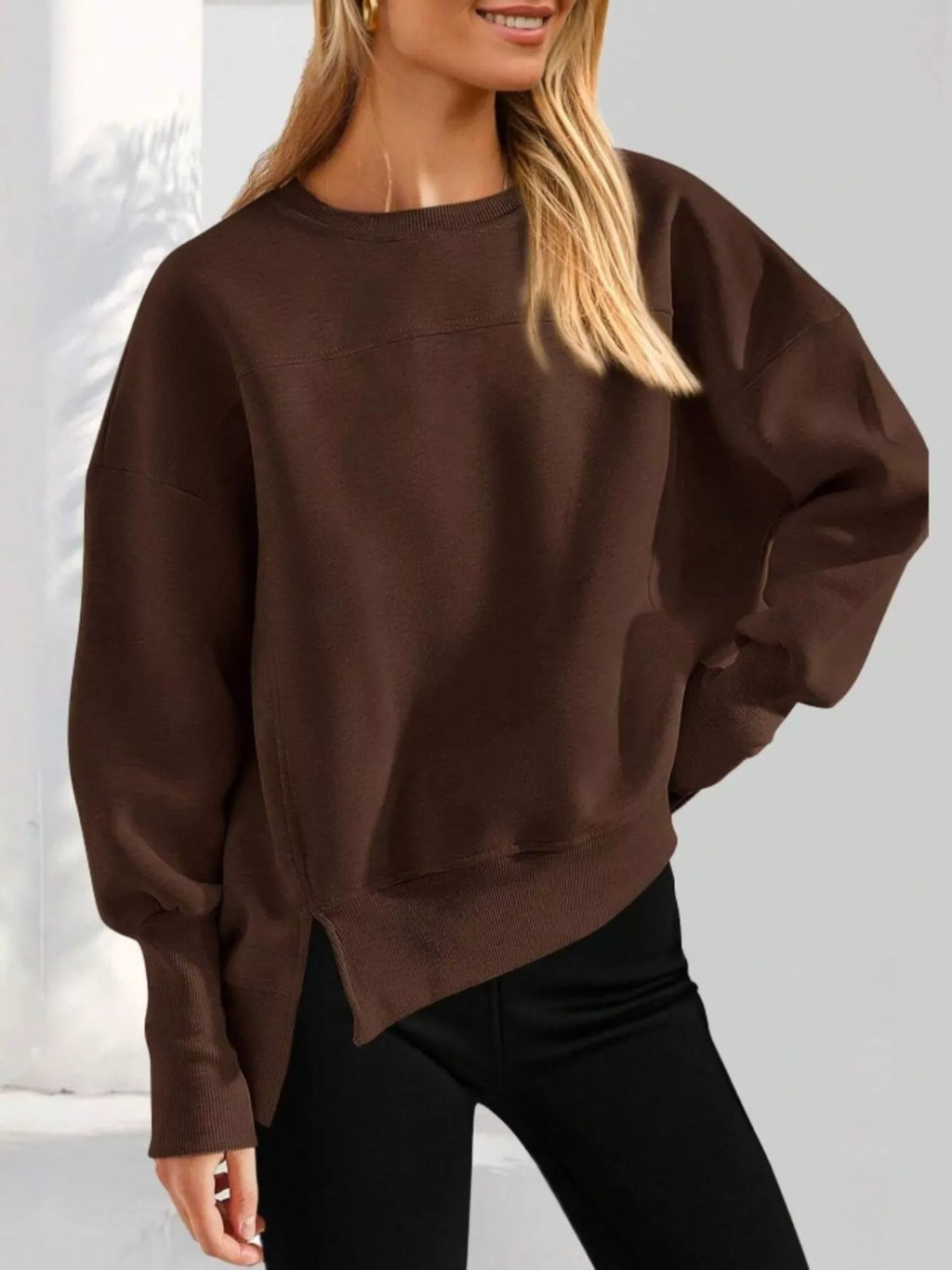 Slit Round Neck Dropped Shoulder Sweatshirt - Lilixa.store