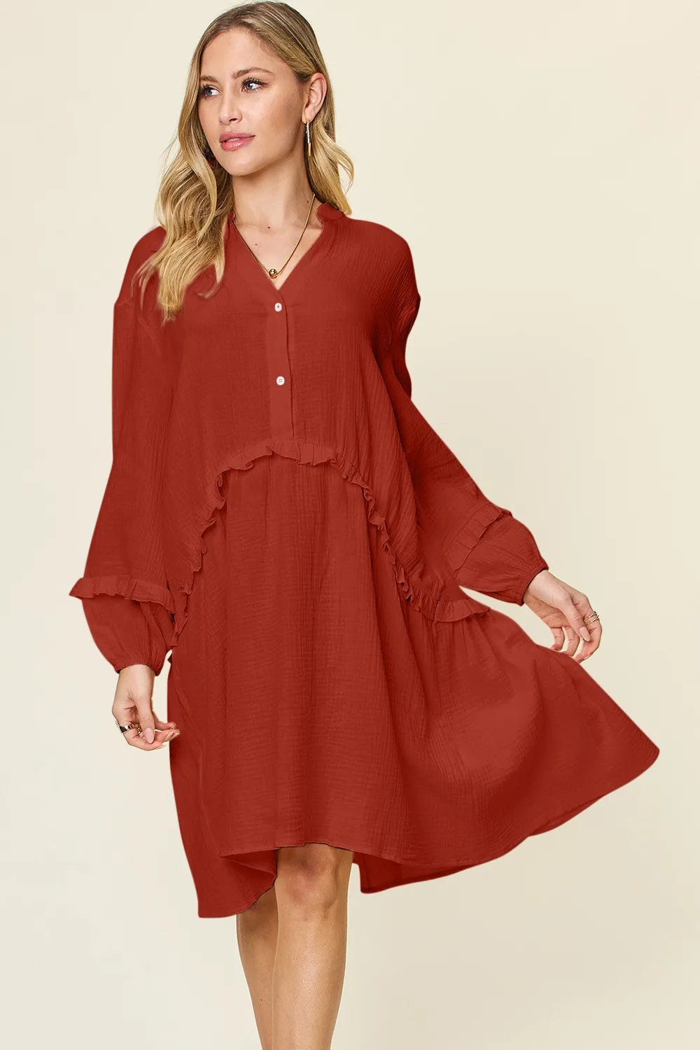 Double Take Full Size Texture Half Button Ruffle Trim Dress - Lilixa.store