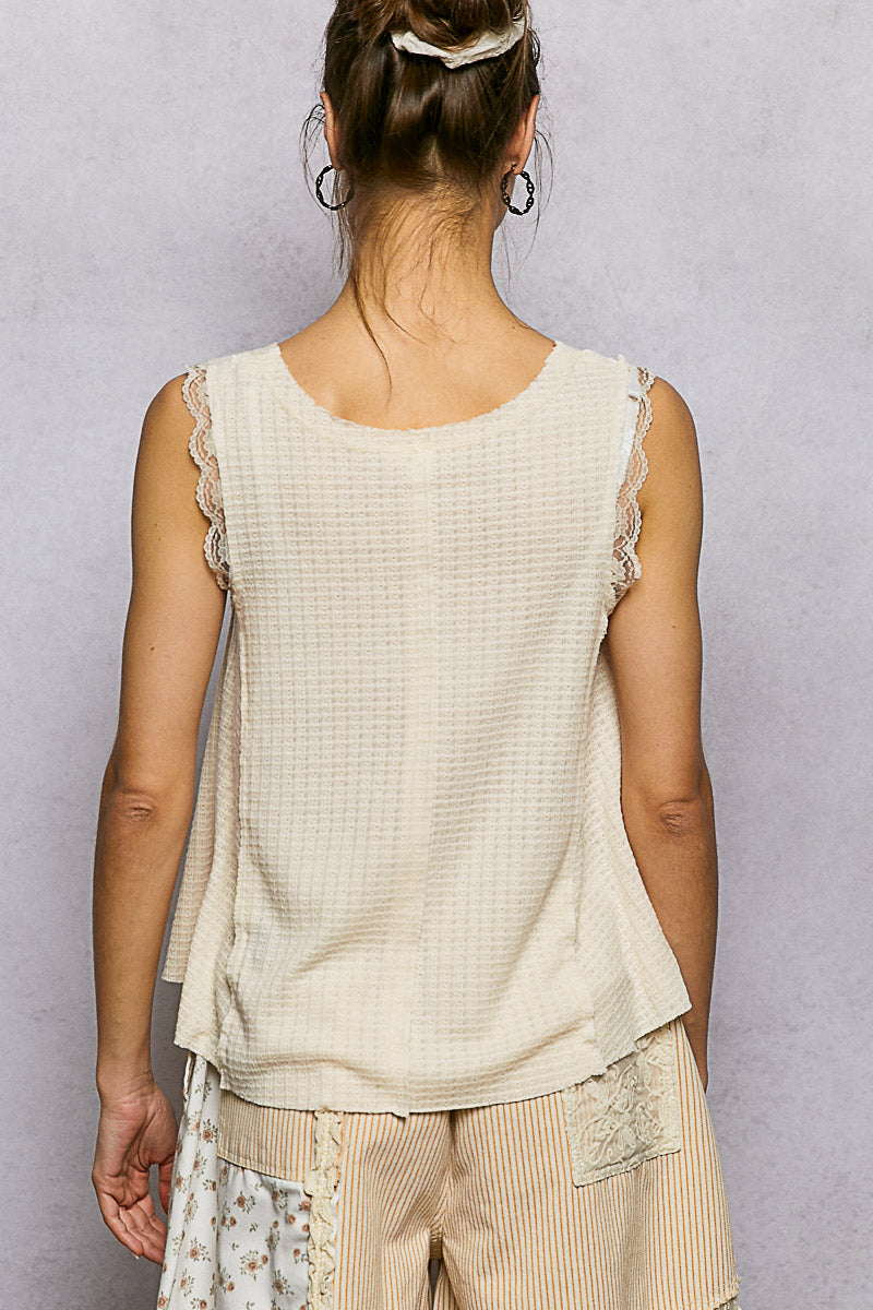 POL Textured Knit Round Neck Tank with Lace Detail - Lilixa.store