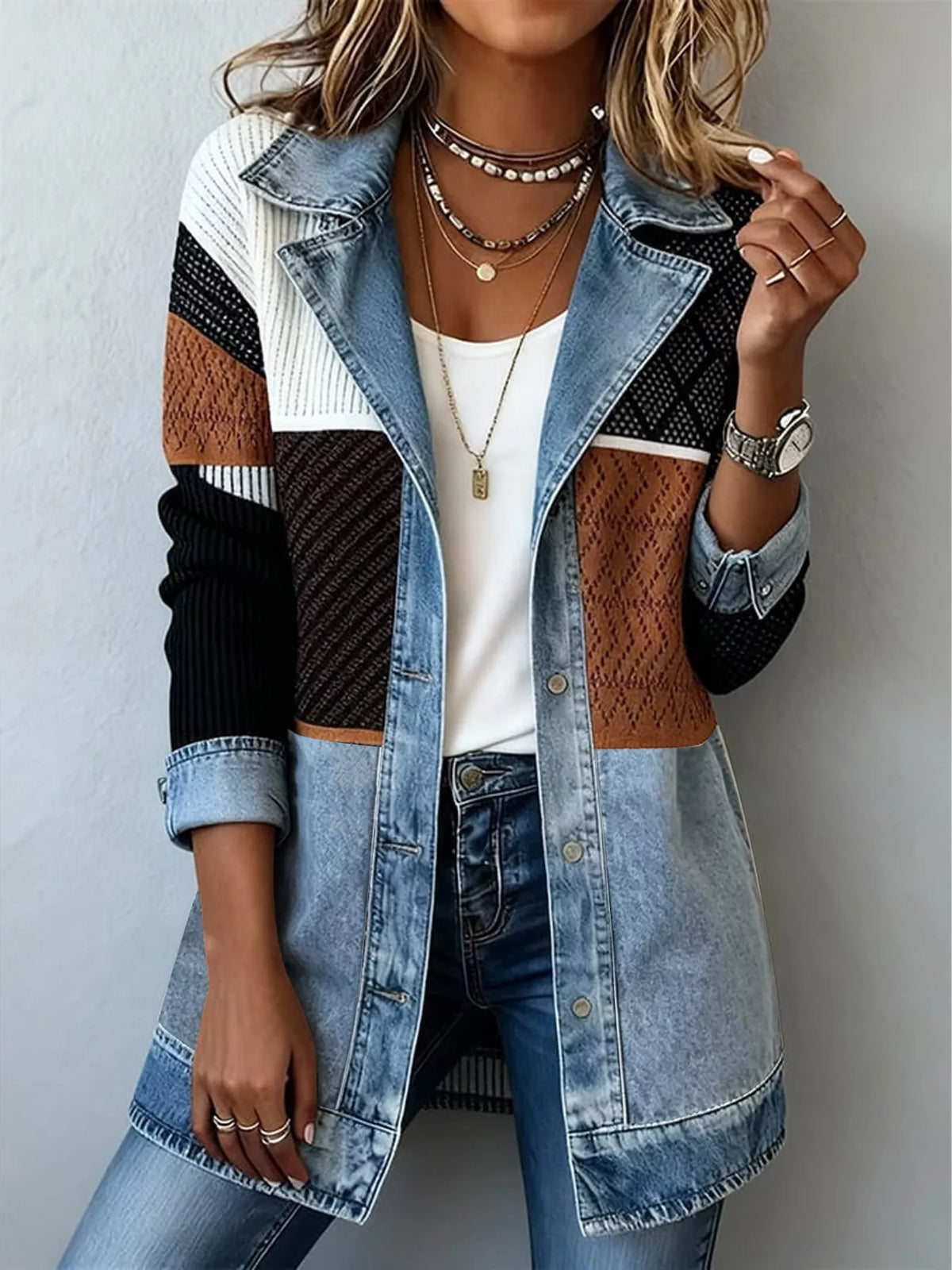 Color-Block Denim and Knit Patchwork Casual Jacket - Lilixa.store