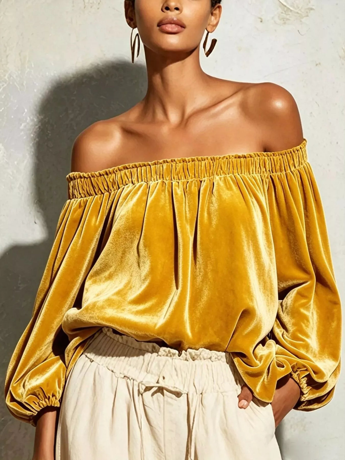 Off-Shoulder Velvet Long Sleeve T-Shirt - Lilixa.store