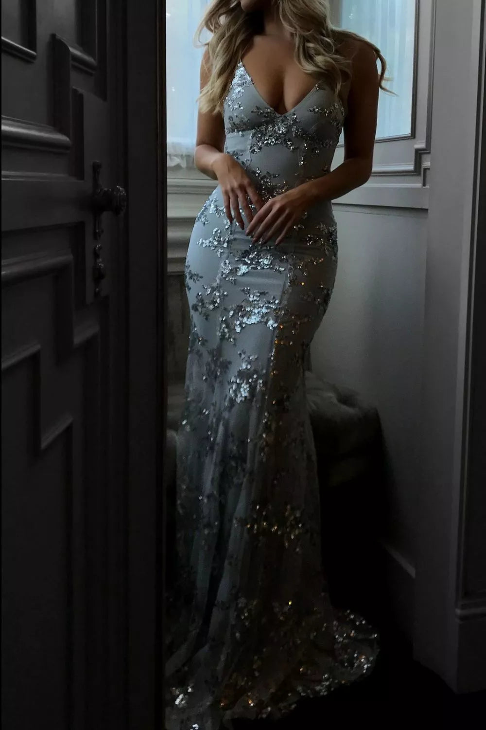 Full Size Sequin Tie Back V-Neck Maxi Dress Plus Size - Lilixa.store