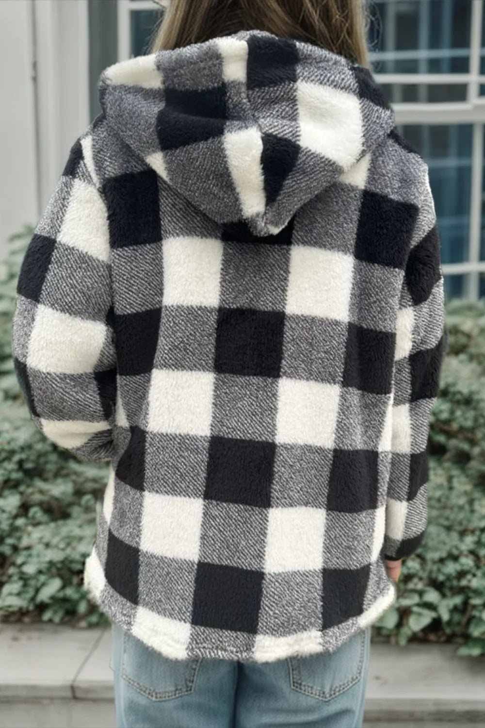Double Take Full Size Check Fuzzy Sherpa Hooded Zip Up Teddy Winter Coat with Pockets Plus Size - Lilixa.store