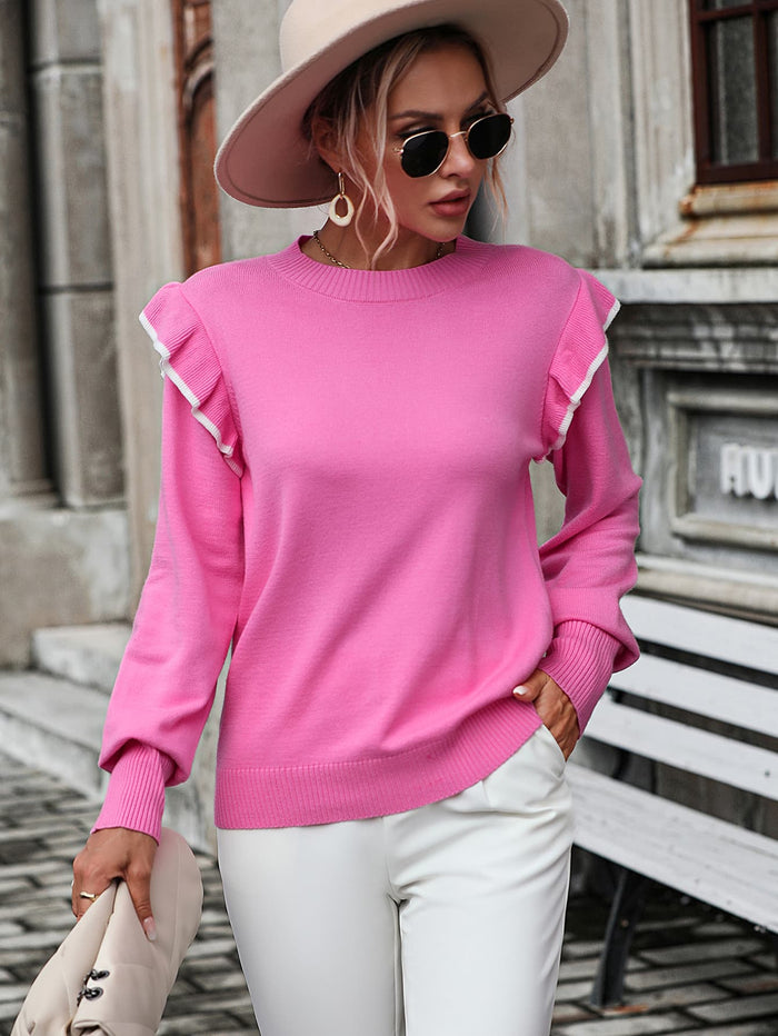 Round Neck Ruffle Trim Long Sleeve Pullover Sweater in Pink