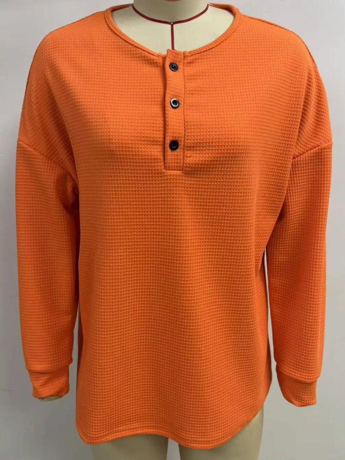 Full Size Waffle Knit Button Detail Top Plus Size