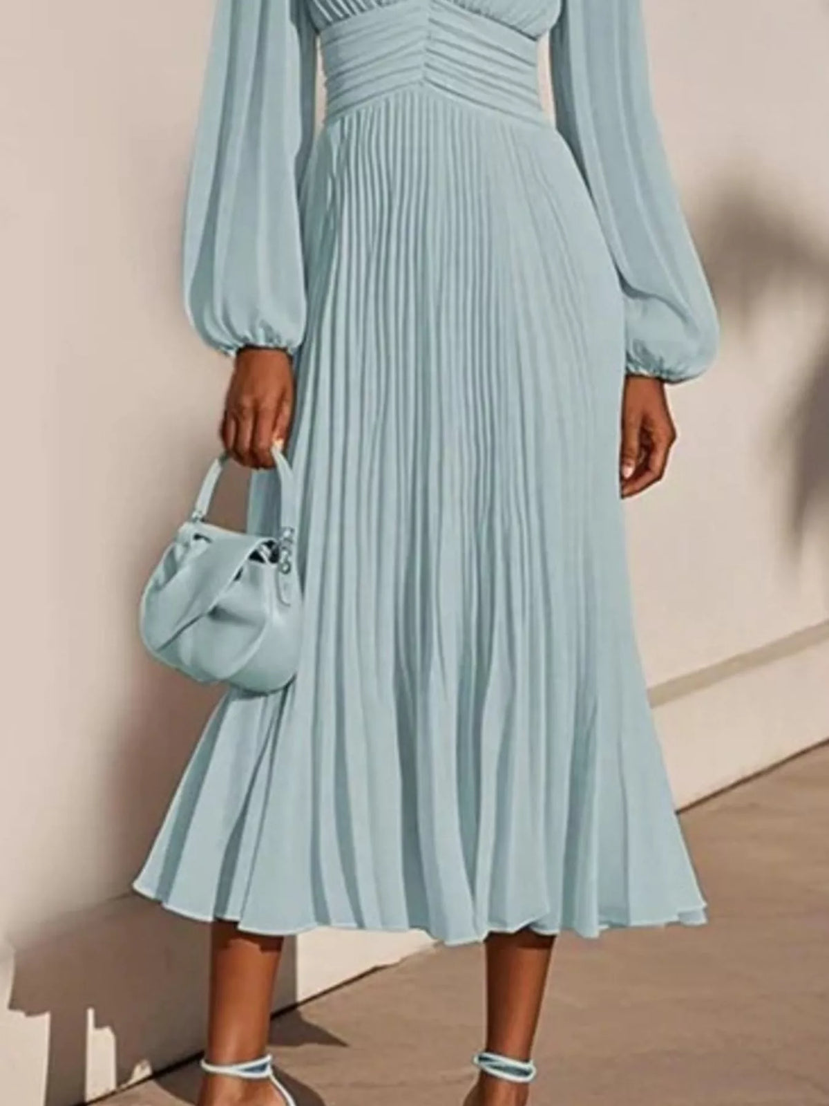 Pleated V-Neck Chiffon Midi Dress