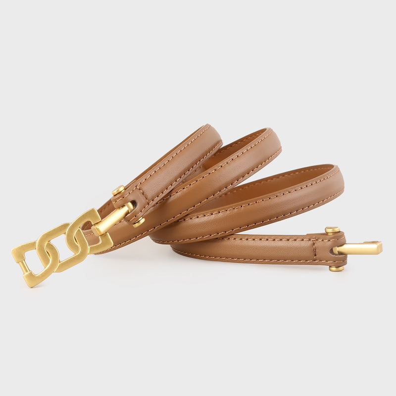 Gold Buckle Skinny Leather Belt, view 5