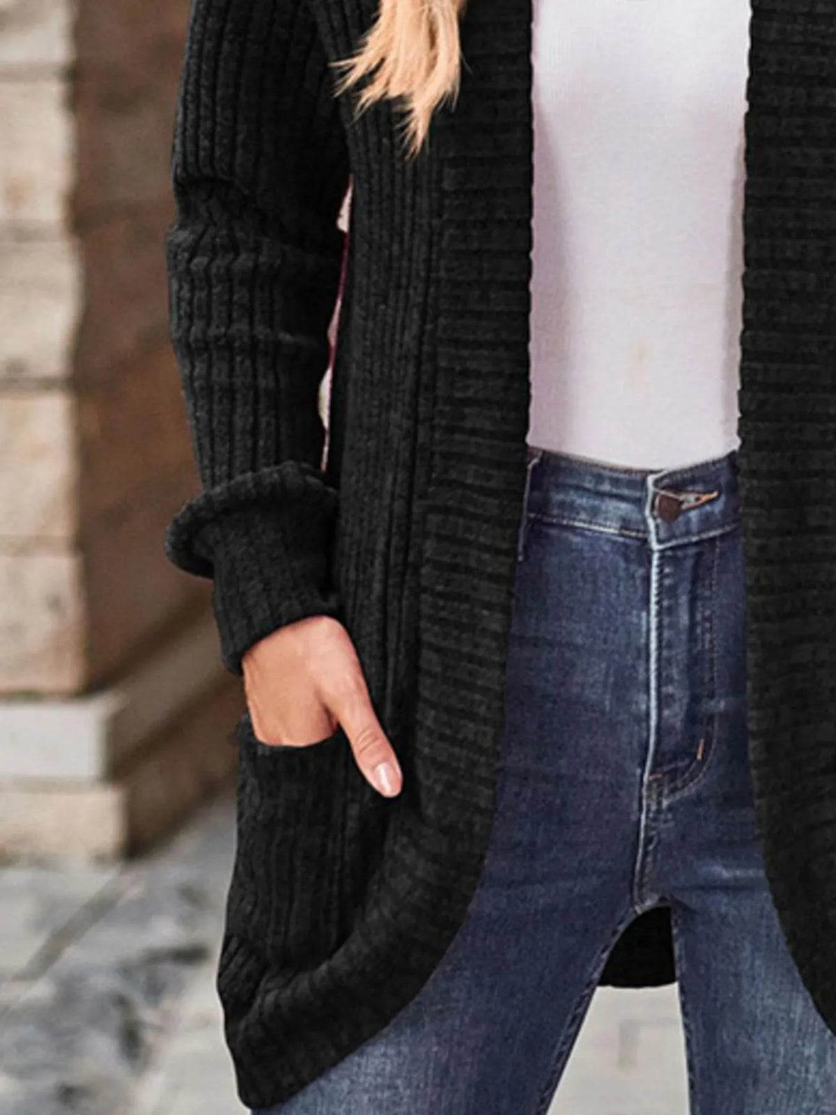 Ribbed Knit Open Front Cardigan with Pockets, view 5