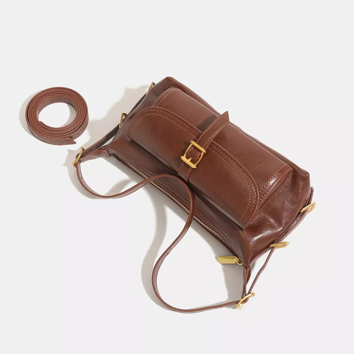 Vintage PU Leather Shoulder Bag with Buckle Detail in Caramel, view 4