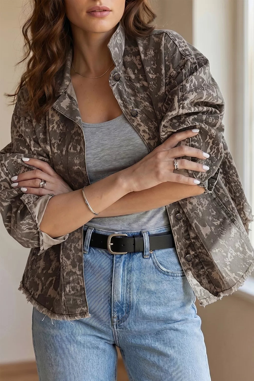 Abstract Print Long Sleeve Collar Raw Hem Denim Jacket in Mocha, view 2