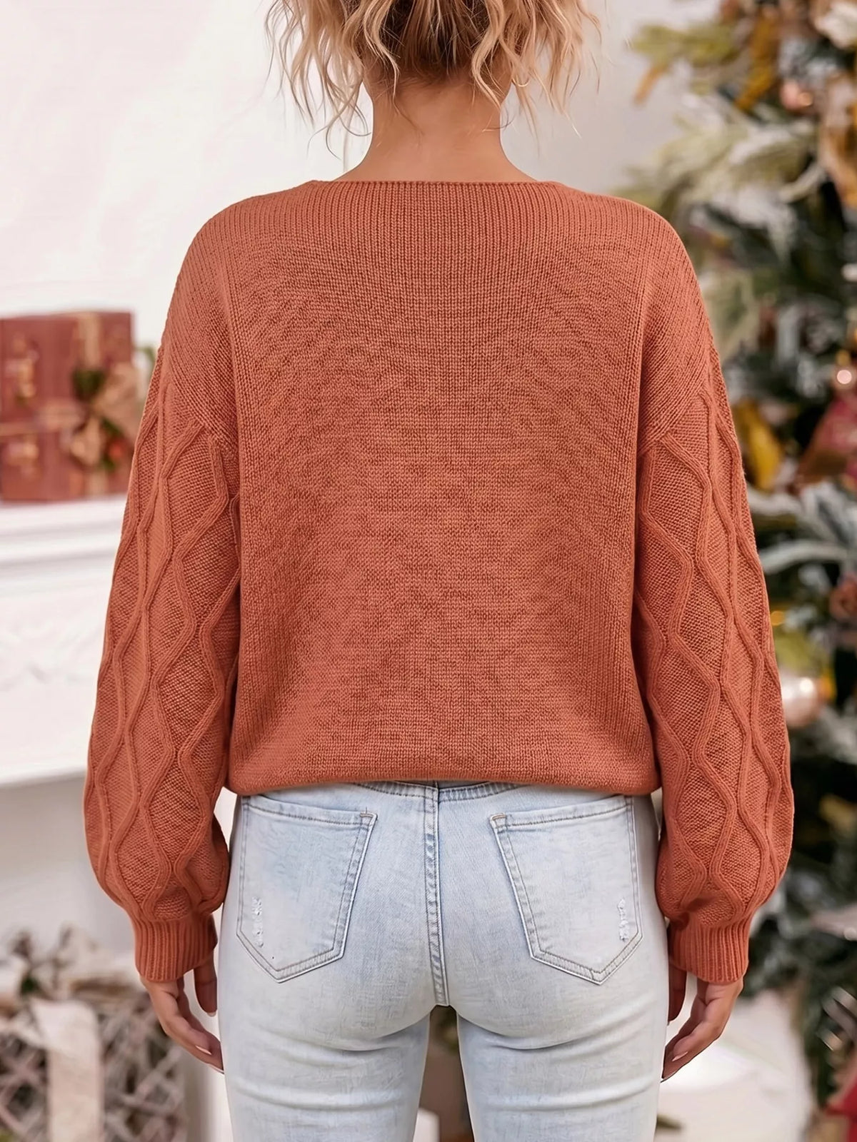 Snowflake Textured V-Neck Sweater - Lilixa.store