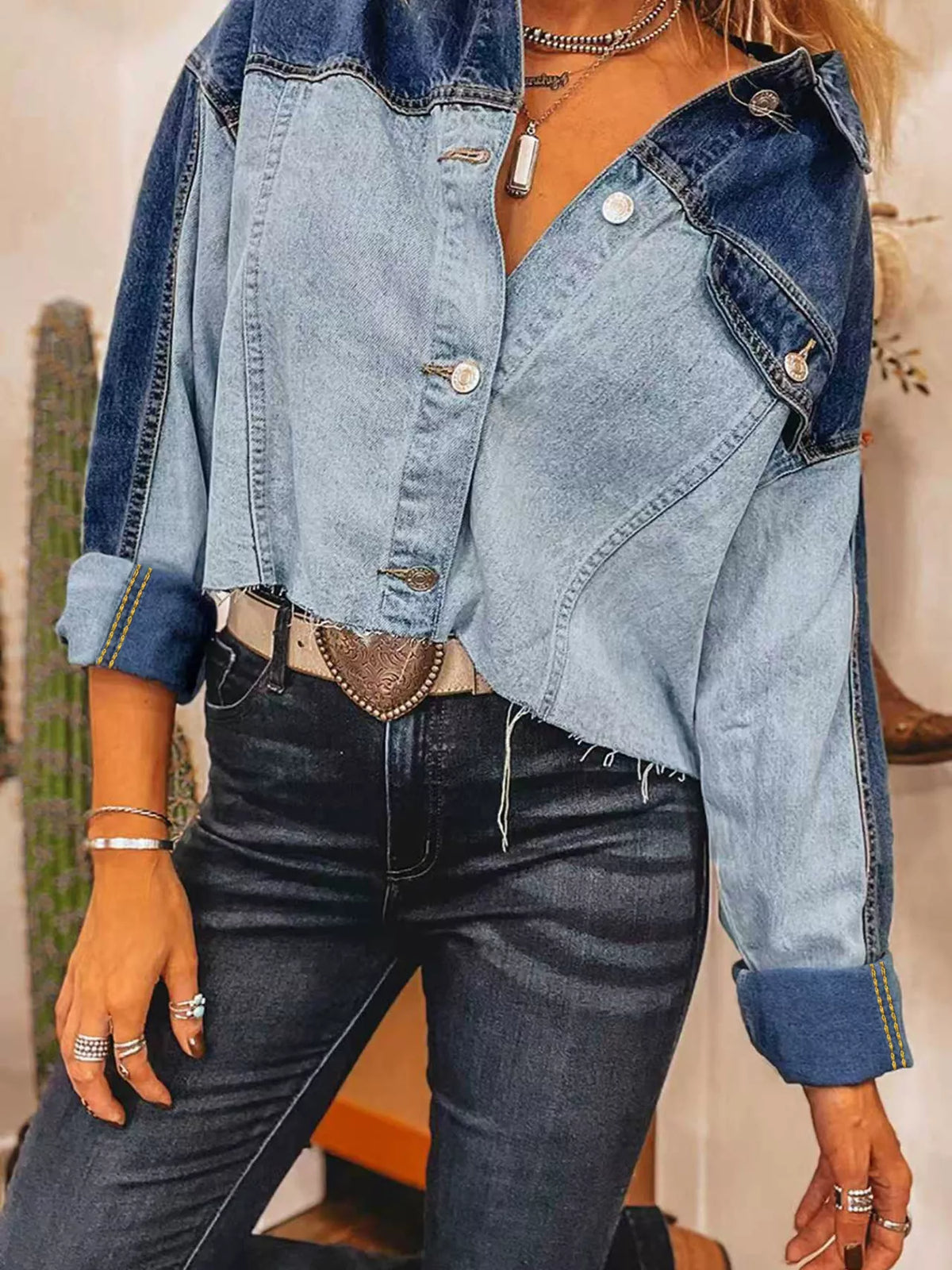 Raw Hem Two-Tone Denim Jacket