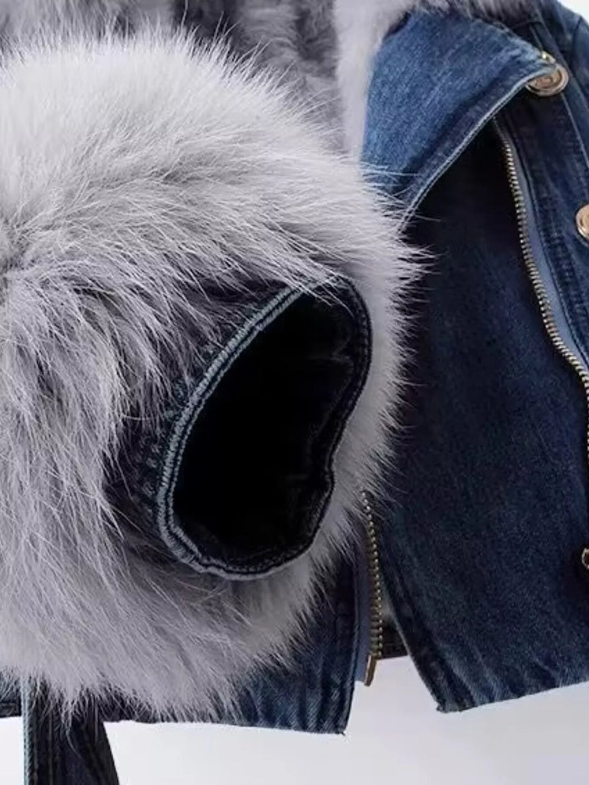 Full Size Faux Fur Collar Denim Jacket Plus Size, view 7