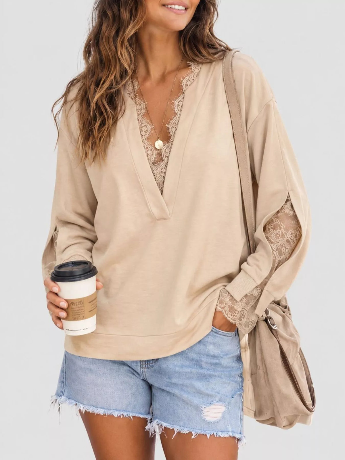 Lace Trim Split Sleeve Sweatshirt