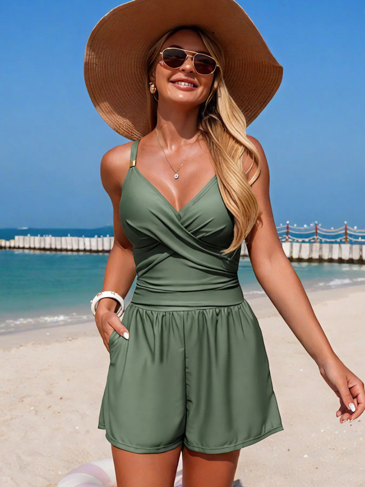 V-Neck Spaghetti Strap One-Piece Swimsuit - Lilixa.store