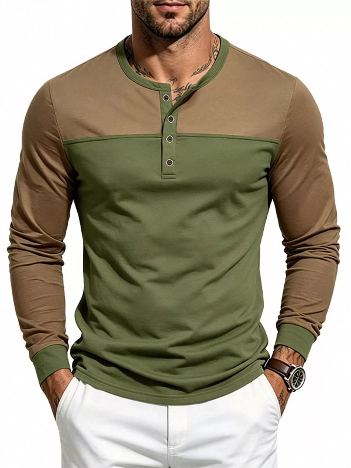 Men's Full Size Color-Block Long Sleeve Henley T-Shirt Plus Size - Lilixa.store