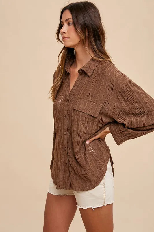 Annie Wear Openwork Button Down Drop Shoulder Shirt in Brown, view 5