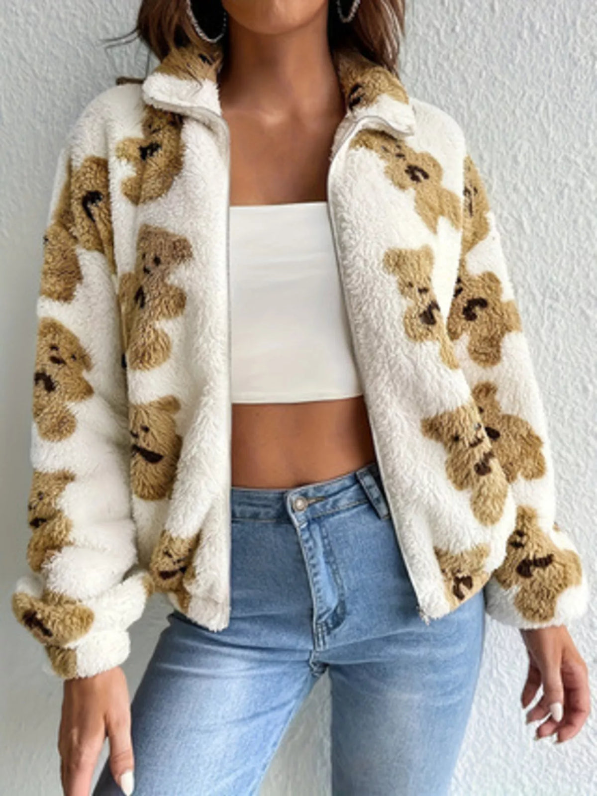 Teddy Bear Fuzzy Zip-Up Jacket in White, view 2