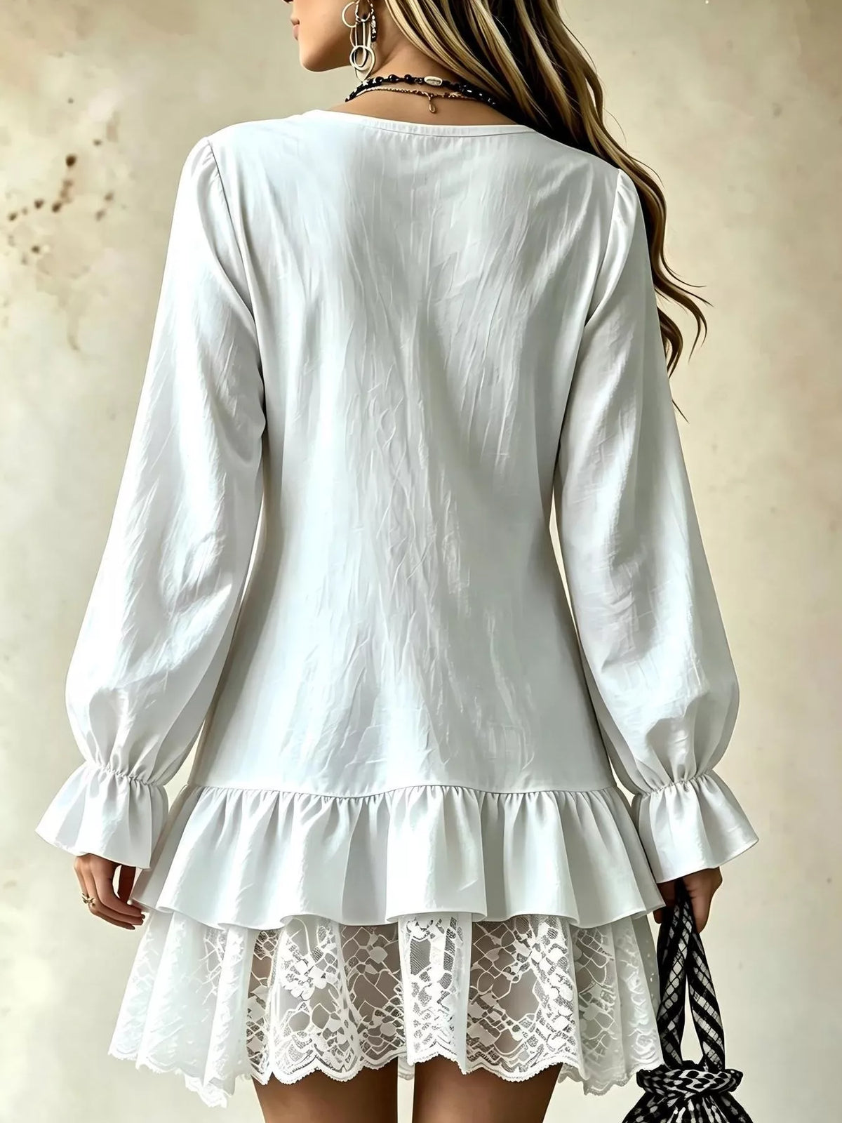 V-Neck Long Sleeve Ruffle Hem Lace Trim Mini Dress, view 2