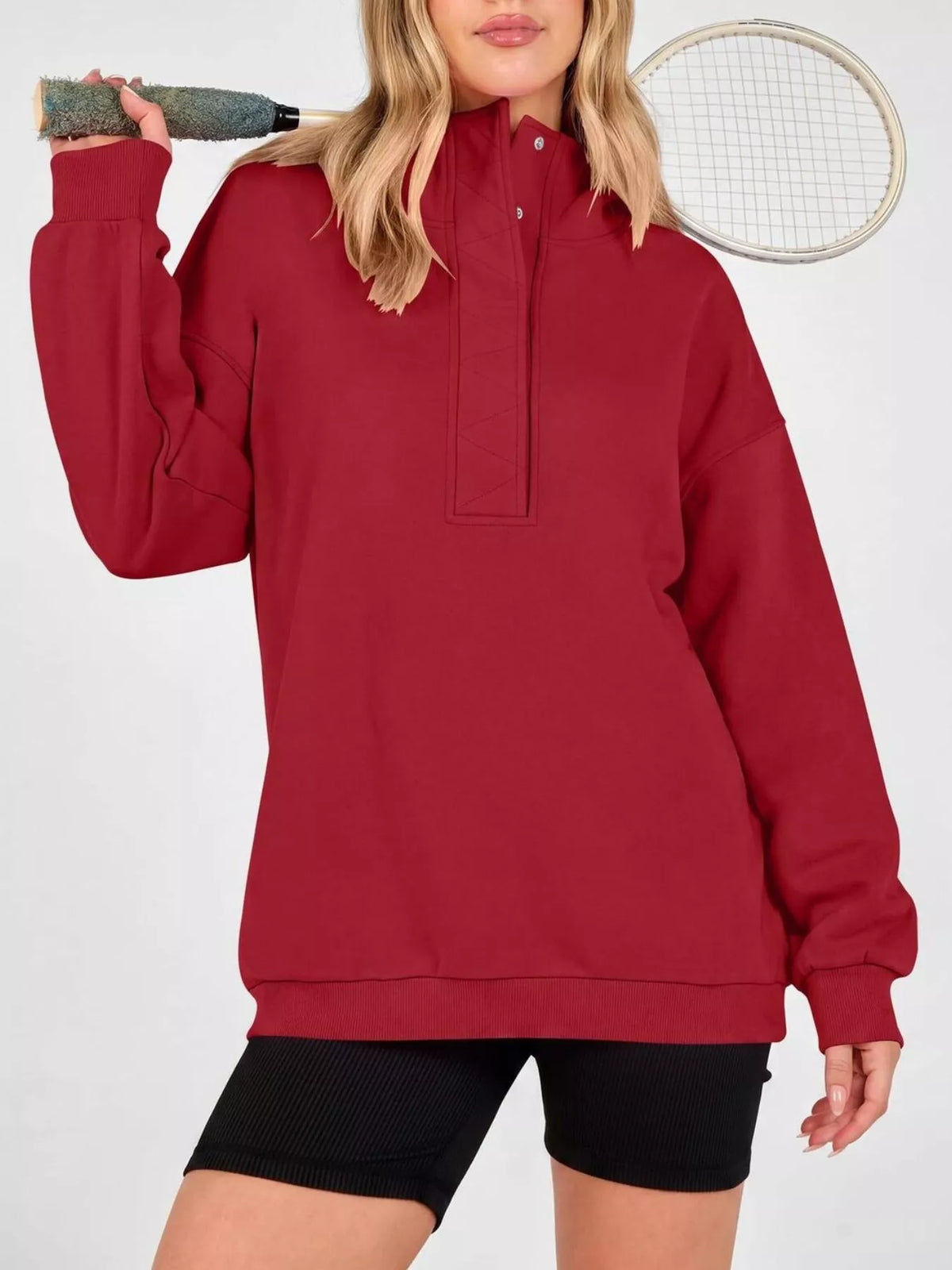 Half Snap Dropped Shoulder Hoodie - Lilixa.store