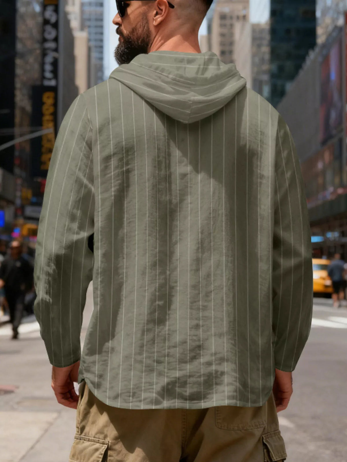 Men's Full Size Casual Striped Henley Hoodie with Drawstring Plus Size, view 7