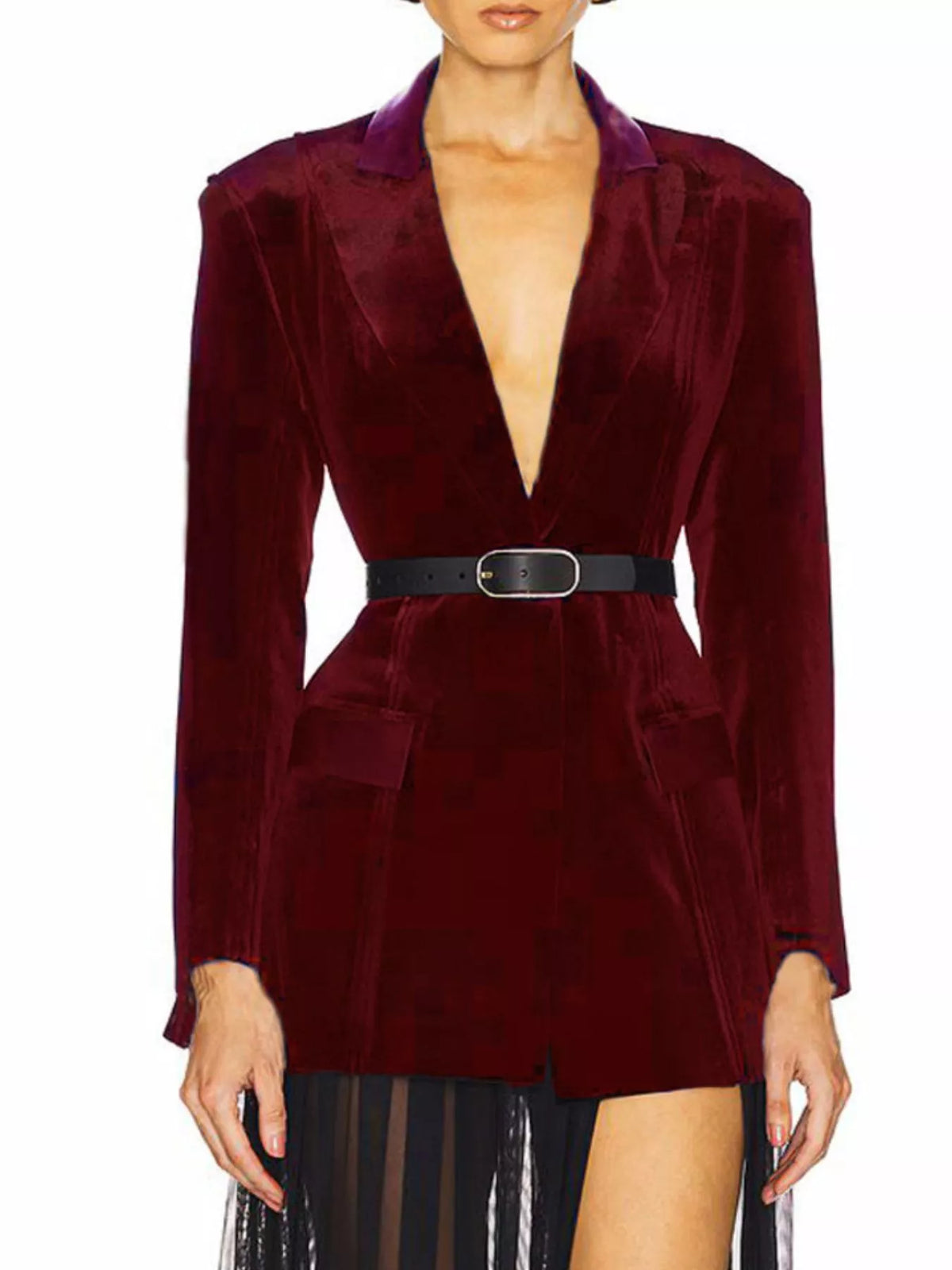 One-Button Long Sleeve Blazer in Wine Red