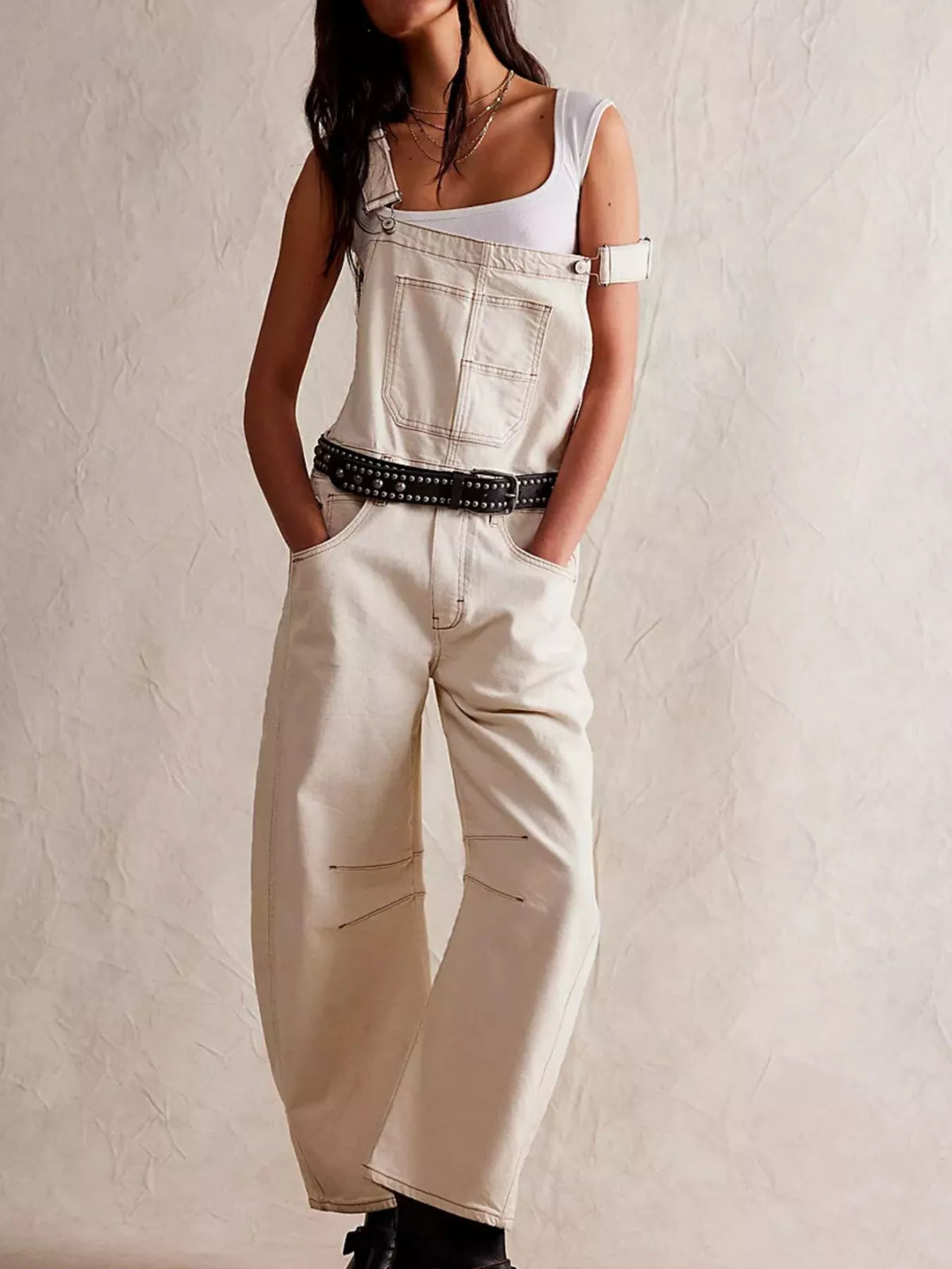 Wide Strap Wide Leg Denim Overalls in Off-white