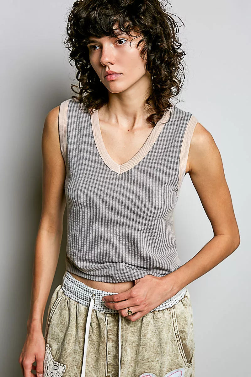 POL V-Neck Contrast Ribbed Sleeveless Tank - Lilixa.store