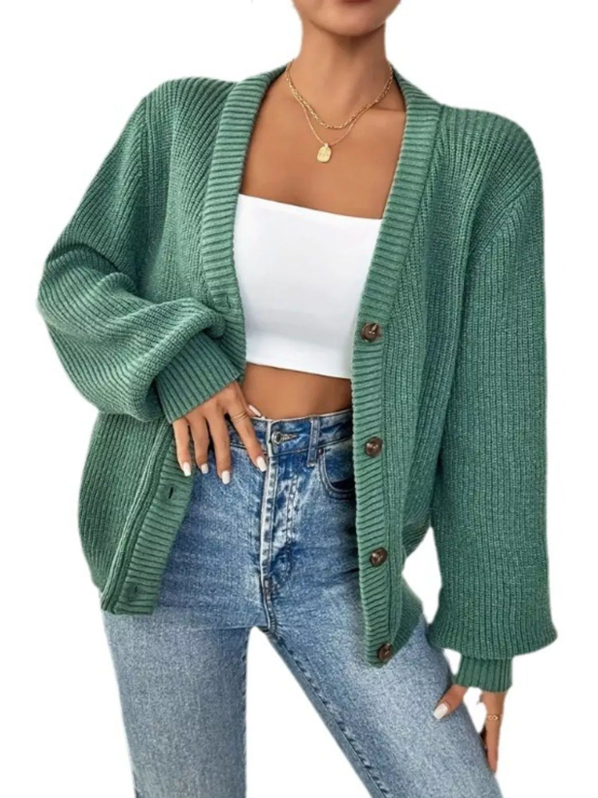 Button Front V-Neck Cardigan in Light Green
