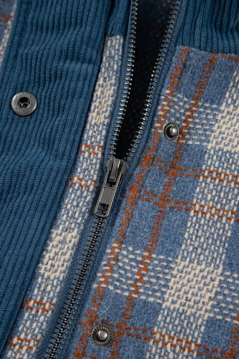 Plaid Corduroy Patchwork Collared Zip Up Snap Button Jacket, view 13