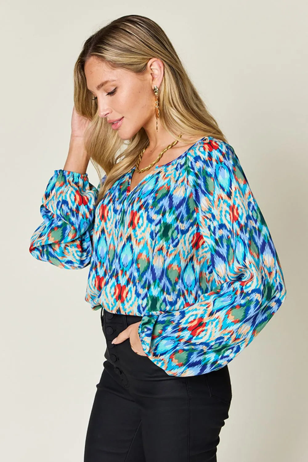 Double Take Full Size Printed Balloon Sleeve Blouse - Lilixa.store