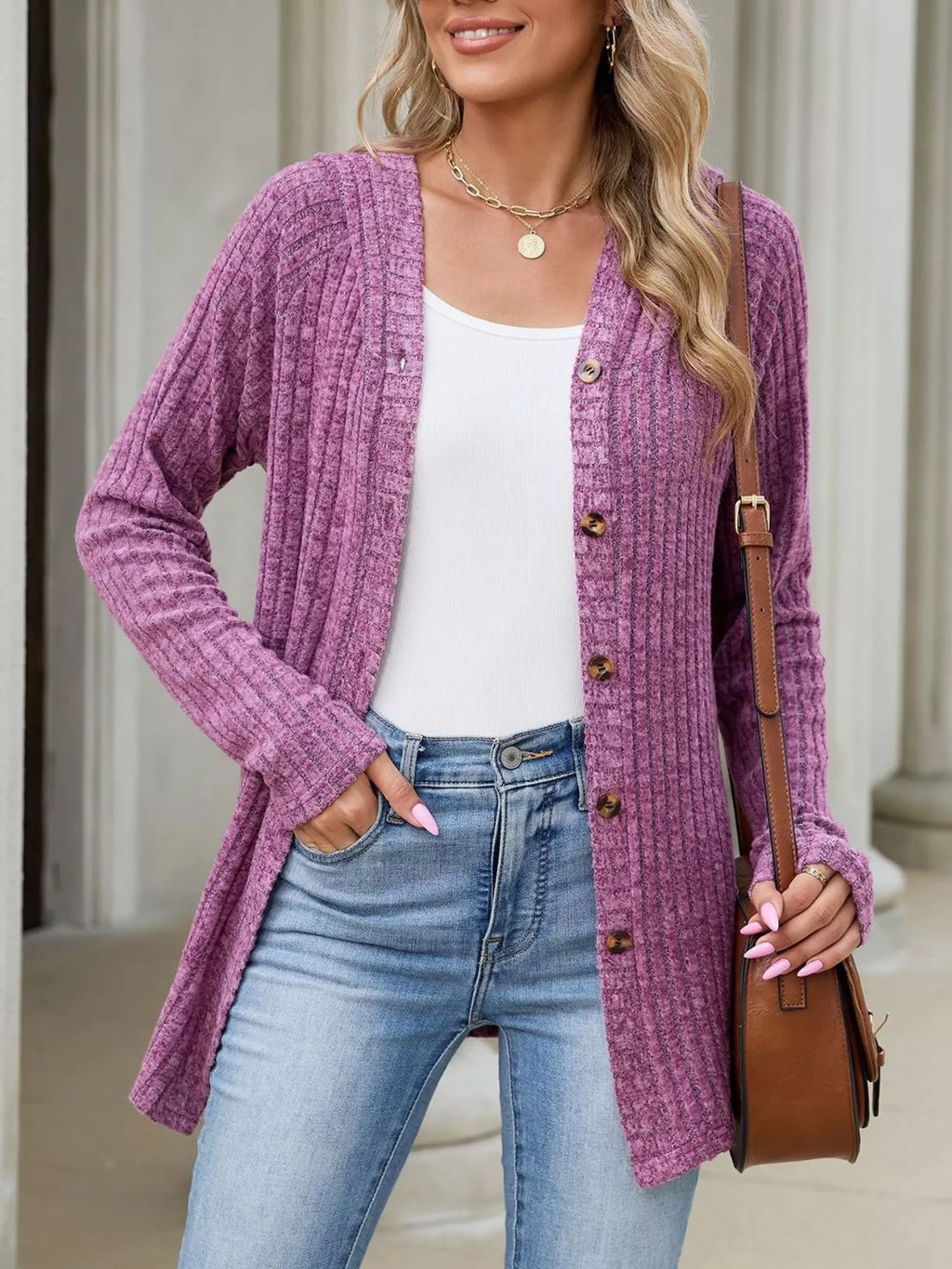 Ribbed Knit Hooded Button-Down Cardigan - Lilixa.store