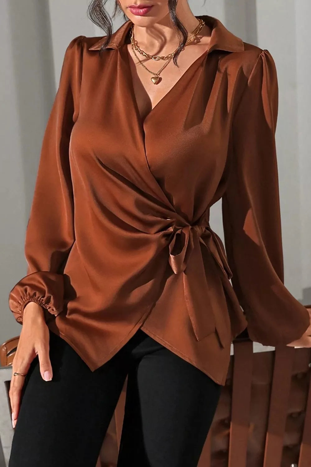 Satin Tied Detail Long Sleeve Blouse, view 4