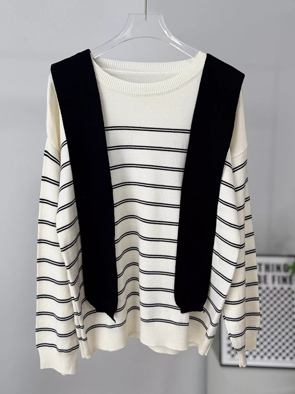 Classic Striped Crewneck Knit Top with Layered Sweater Detail, view 5