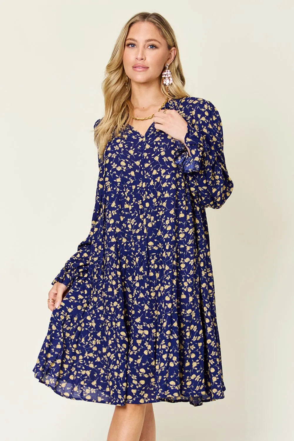 Double Take Full Size Printed Ruffle Hem Long Sleeve Tiered Dress - Lilixa.store