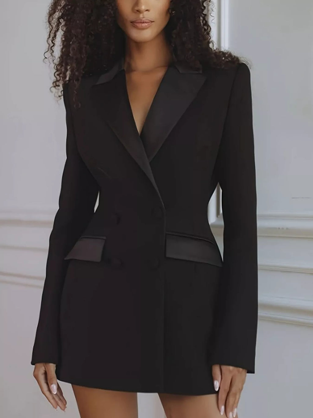 Satin Lapel Double-Breasted Blazer - Lilixa.store