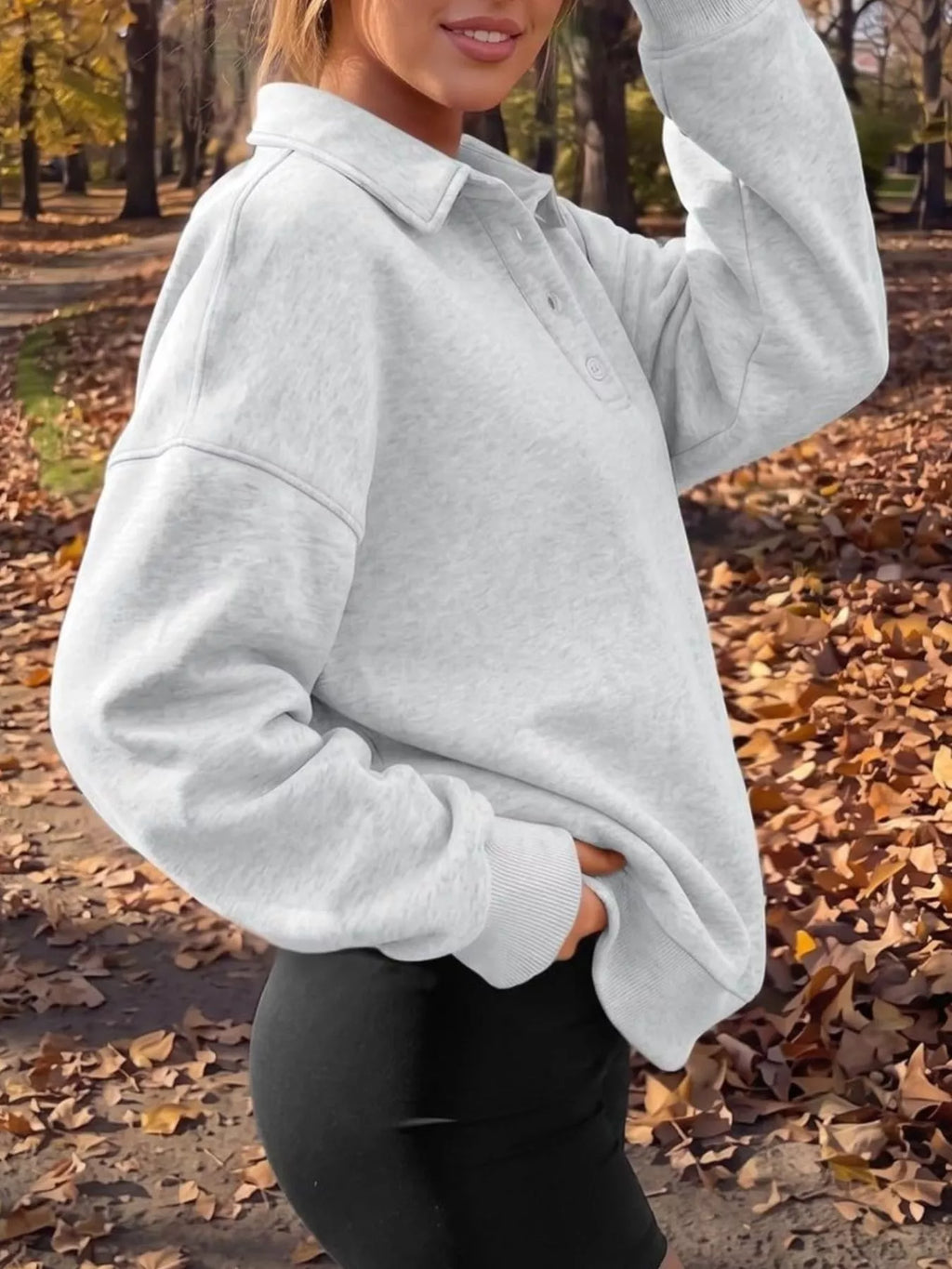 Button Detail Dropped Shoulder Sweatshirt - Lilixa.store