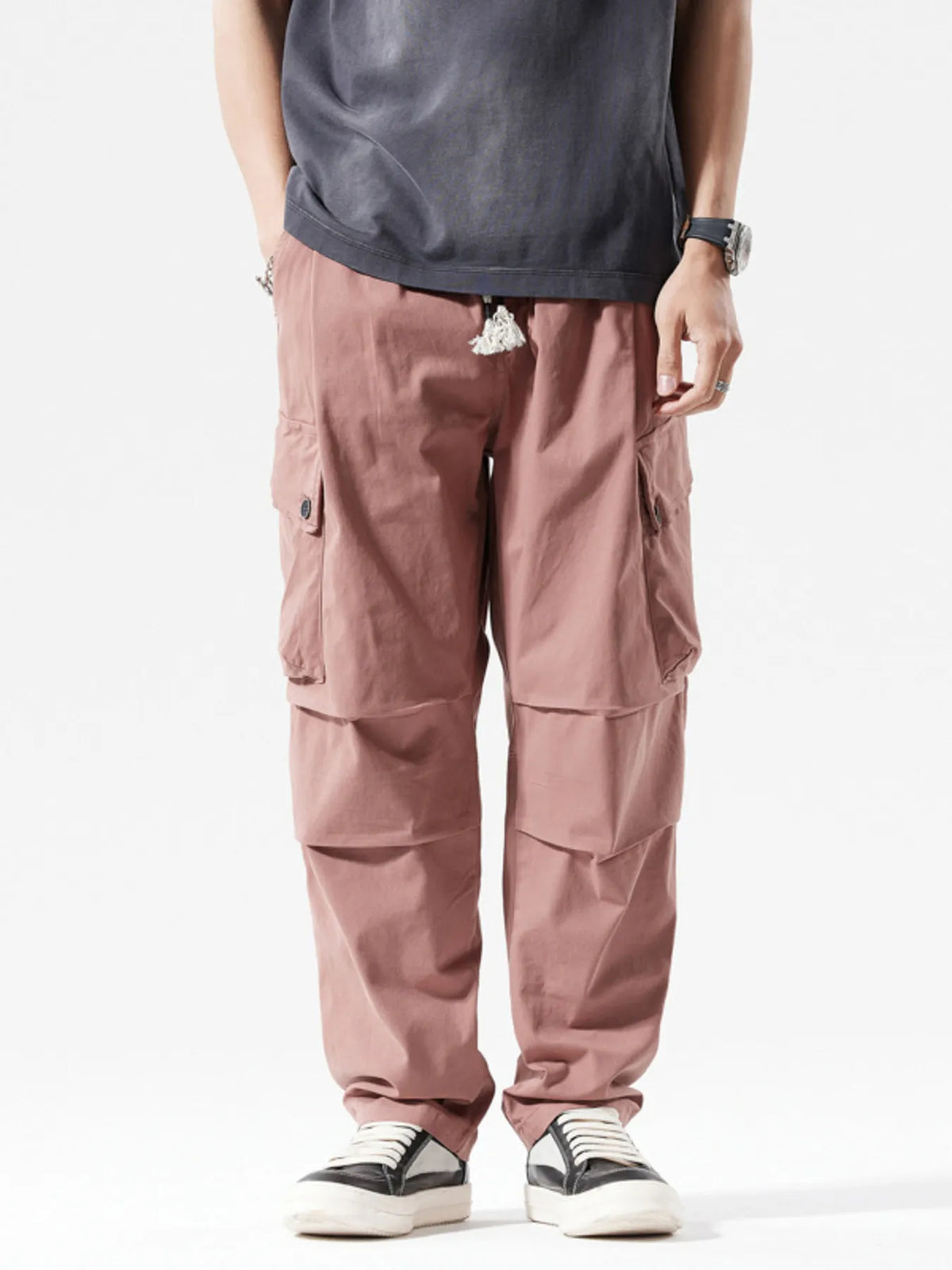 Men's Full Size Loose Fit Multi-Pocket Cargo Pants Plus Size in Coral Red