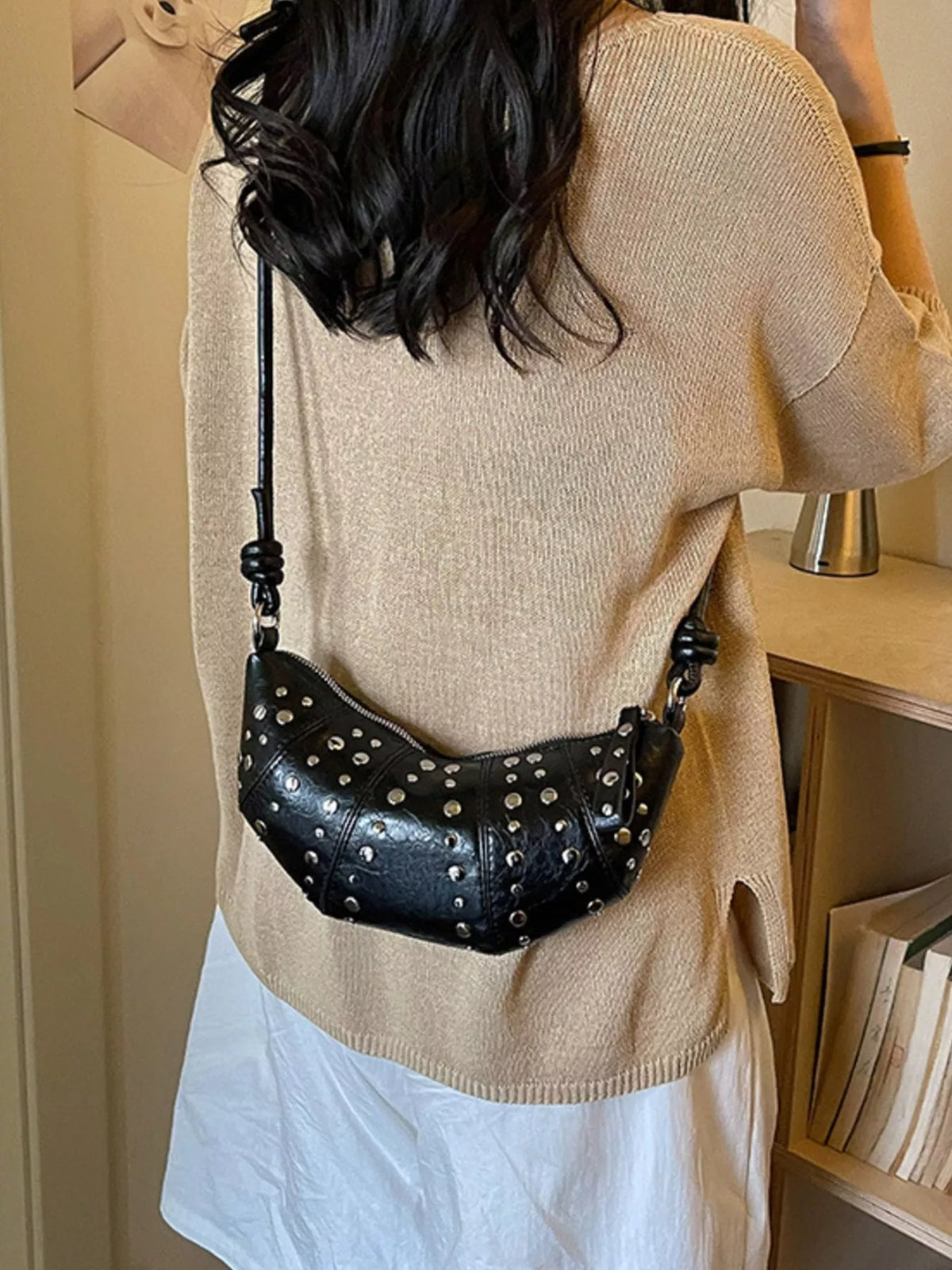 Studded Crescent Shoulder Bag - Lilixa.store