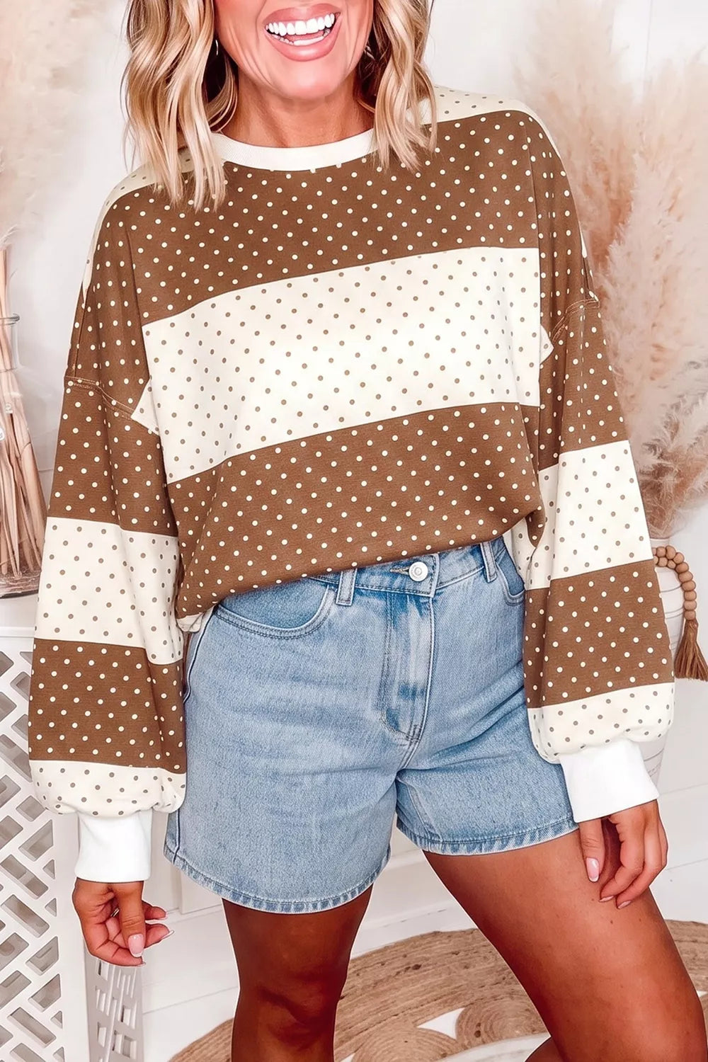 Polka Dot Color Block Long Sleeve Top