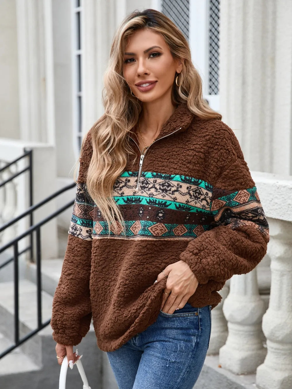 Half Zip Long Sleeve Fuzzy Top - Lilixa.store