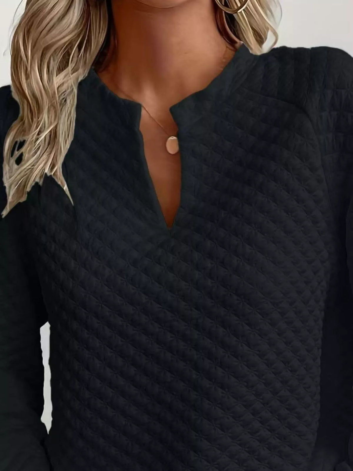 Quilted Texture Long Sleeve Sweatshirt with Notched Neck - Lilixa.store