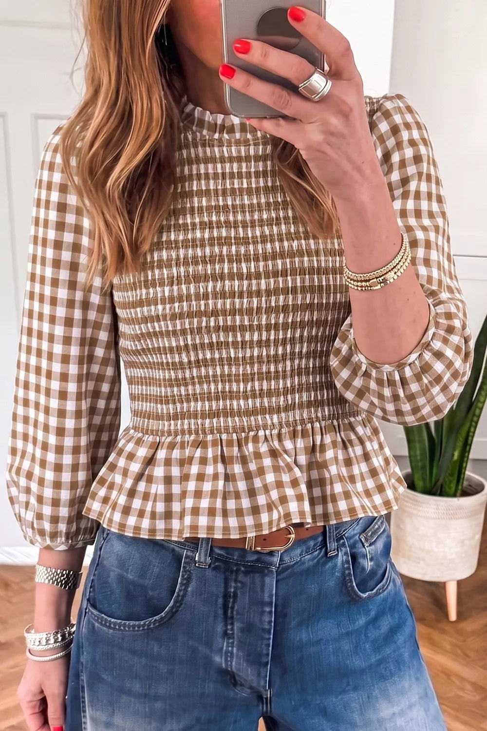 Gingham Smocked Ruffled Hem Blouse in Mocha