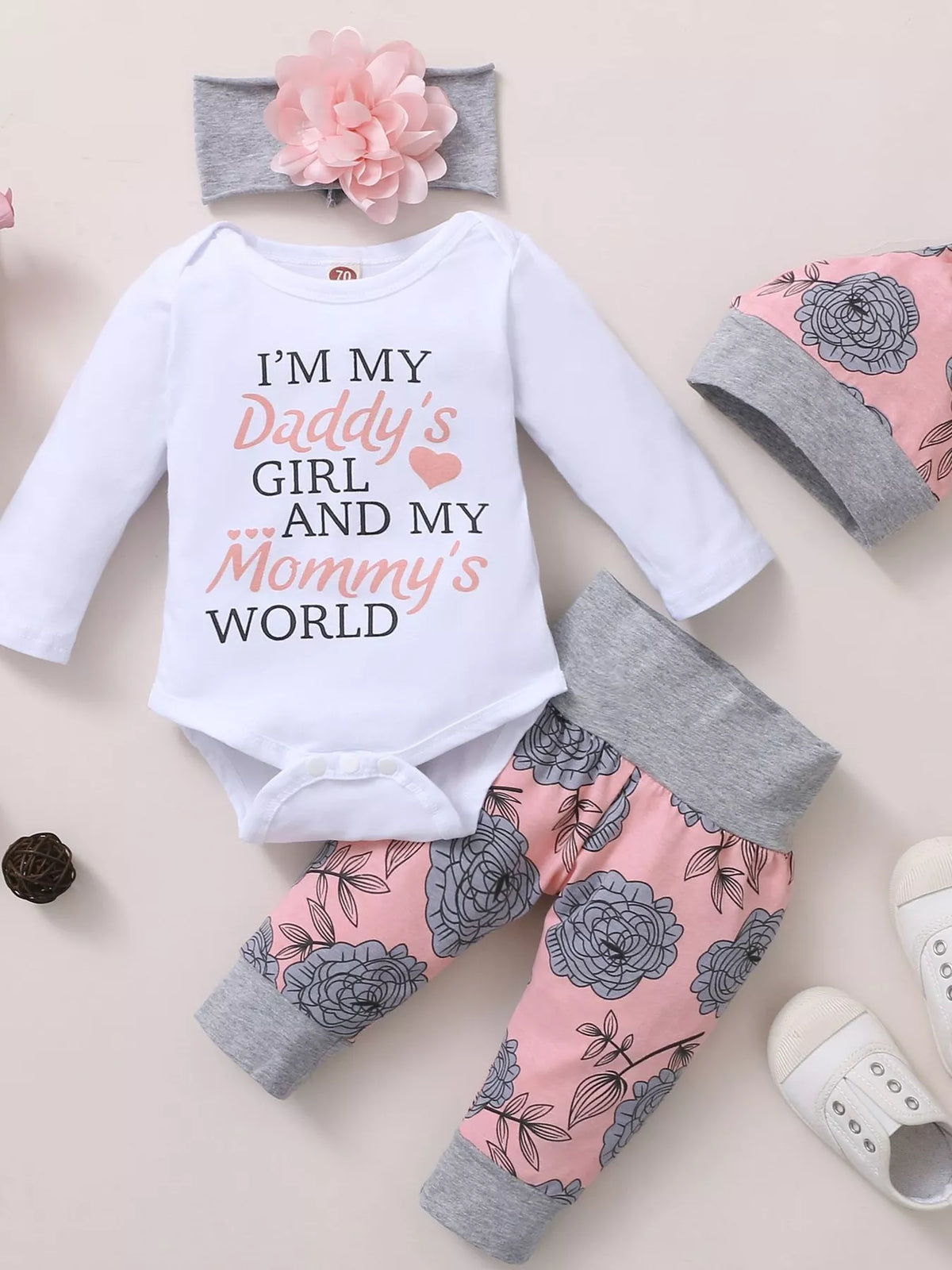 Children's Letter Graphic Bodysuit and Floral Pants Set with Headband and Hat in White, view 2